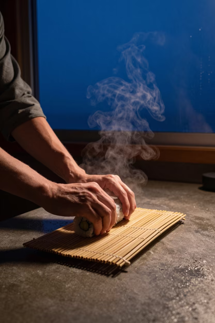 Hands Rolling Sushi Under Kingston Night in along a market lane in Kingston