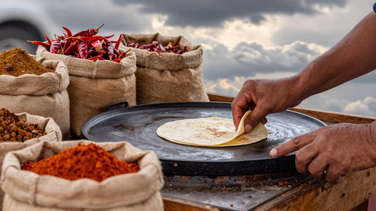 Hands Shape Tortillas on Comal Amidst Spices in at a spice vendor's table in Pingyao
