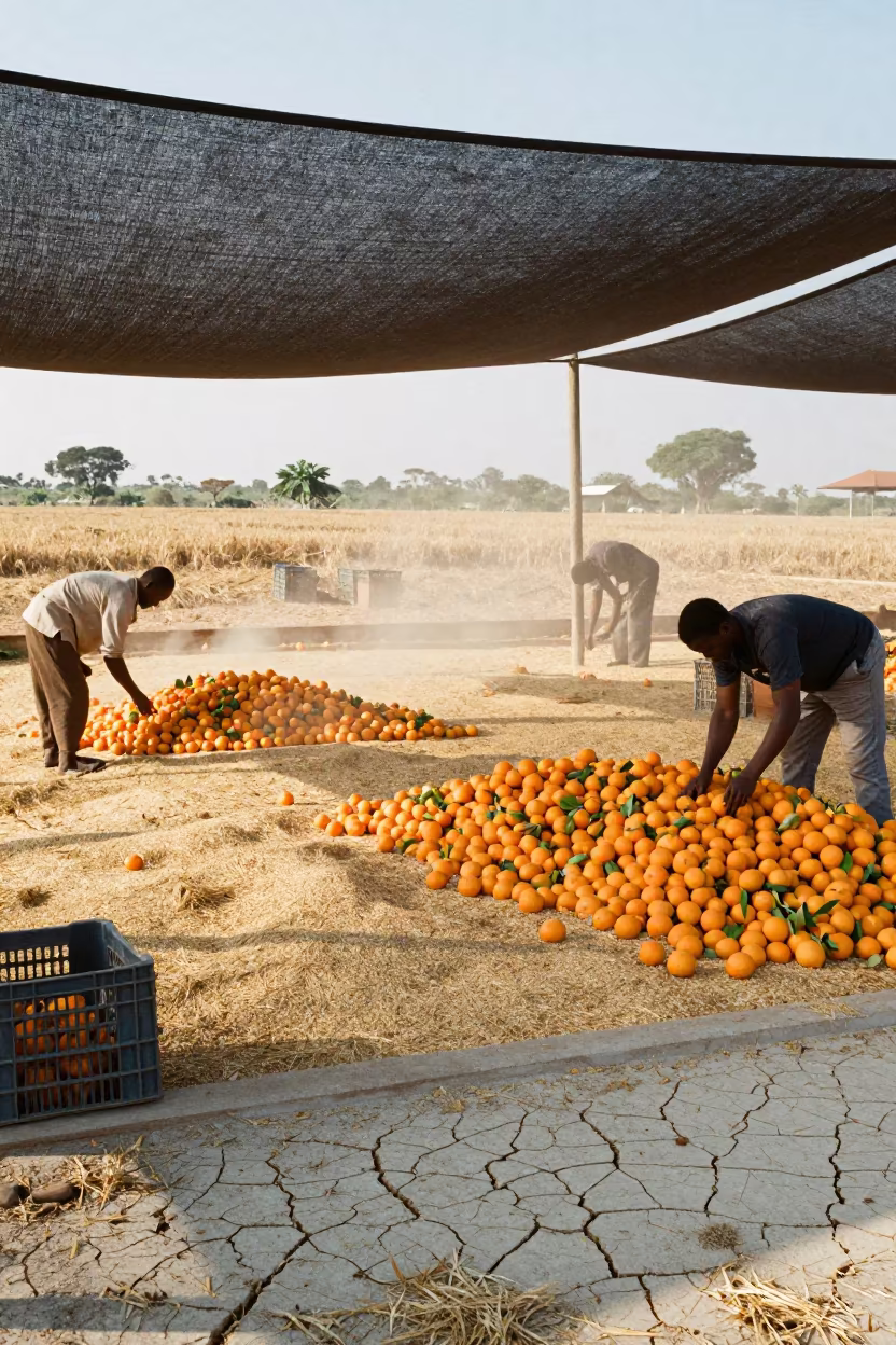 Hands Sorting Citrus Under Shade Cloth in South African Field in across a harvested grain field in South Africa
