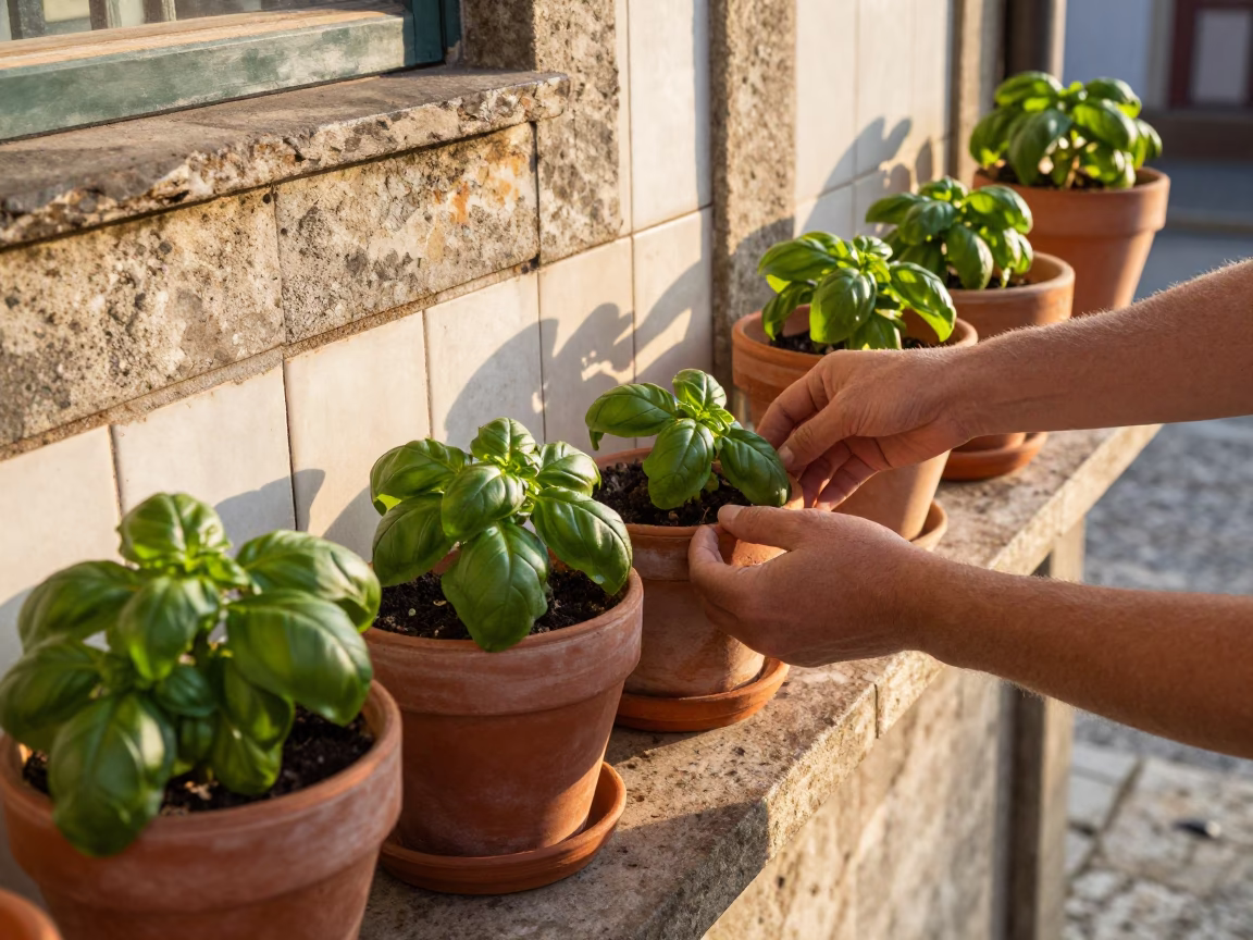 Hands Tending Basil in Porto in in Porto, Portugal