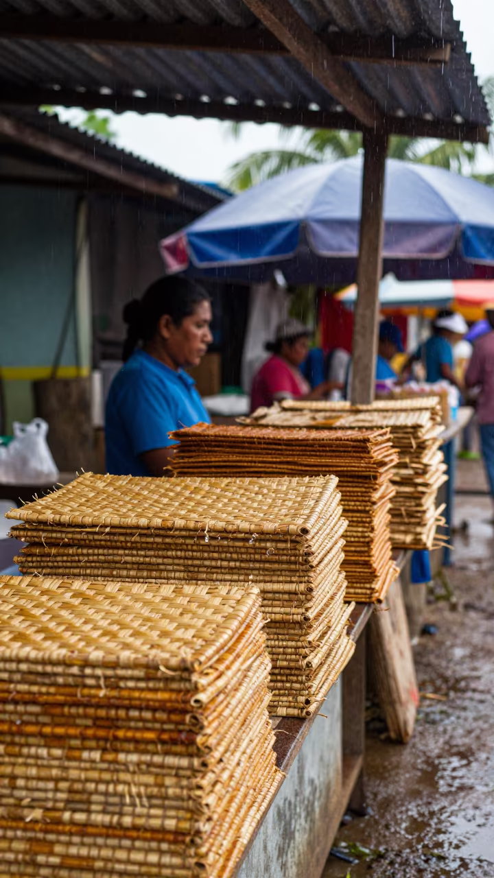 Handwoven Reed Mats Vendor Guatire Market Stall in at a textile trader's stall in Guatire