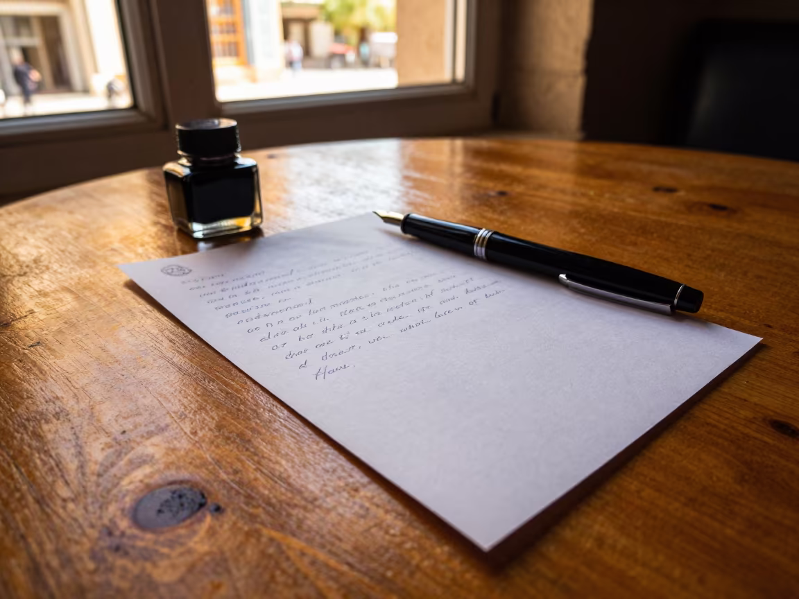 Handwritten Letter and Pen on Herat Cafe Table in on a cafe table by a window near Herat