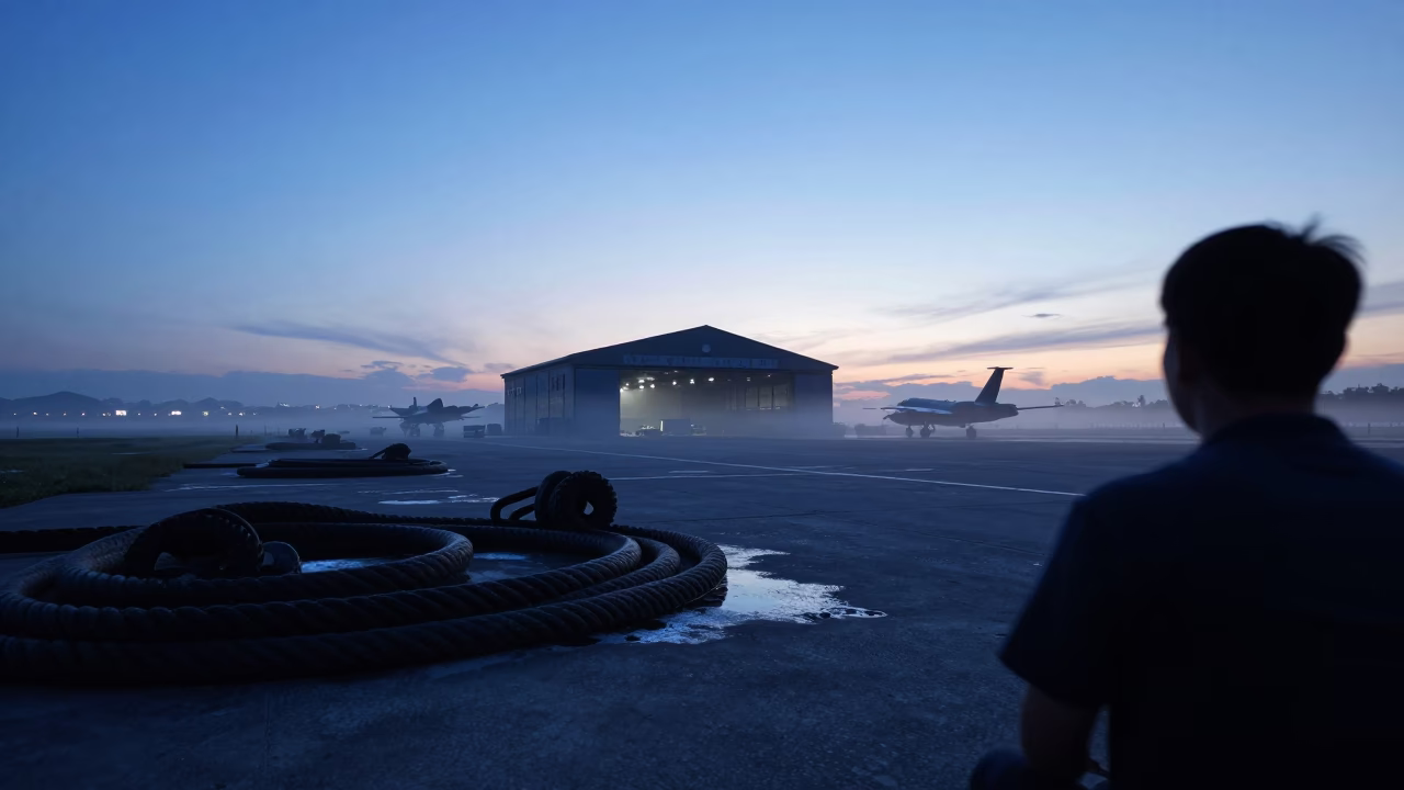 Hangar Silhouette With Hawsers in Indigo Twilight in along an airbase flight line in Japan