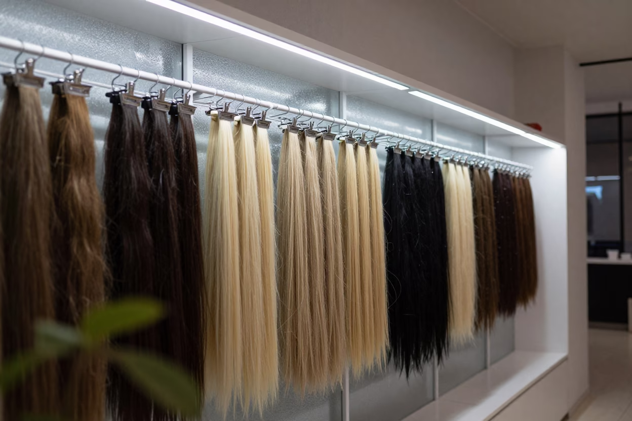 Hanger Rack With Extensions Under White LED Light in in a beauty supply area under white LEDs near Fallujah