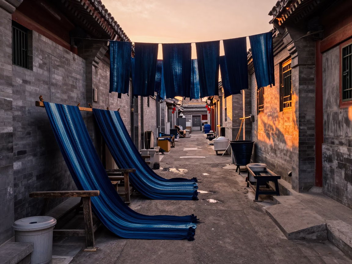 Hanging Fabric in Beijing at Copper-toned Light Before Dusk in in Beijing, China
