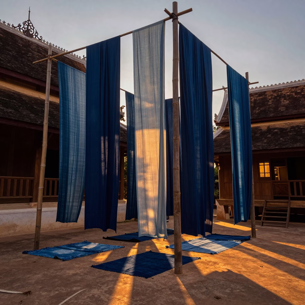 Hanging Fabric in Luang Prabang at Honeyed Evening Light in in Luang Prabang, Laos