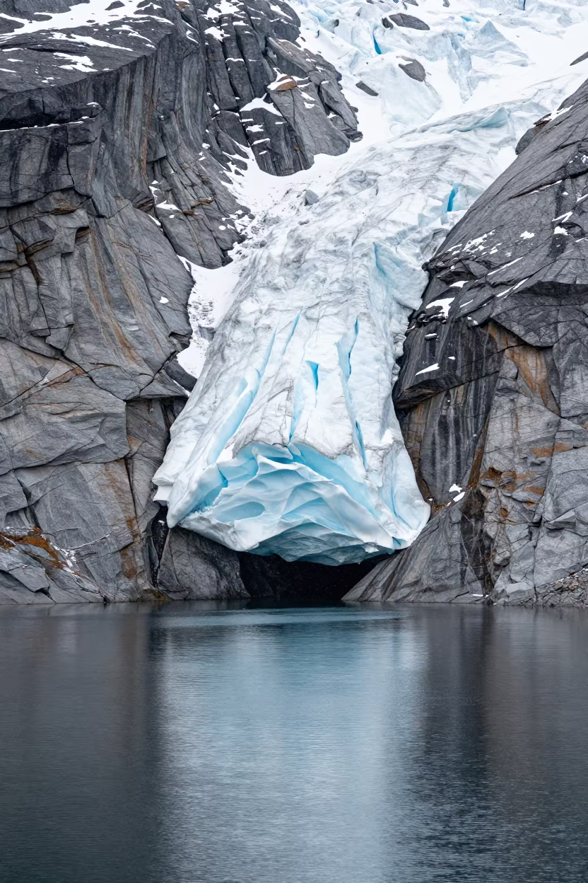 Hanging Glacier on Granite Wall in Spring in across a wide valley floor near Stockholm