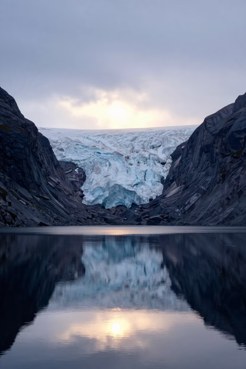 Hanging Glacier on North Granite Wall Finland in across a wide valley floor in Finland
