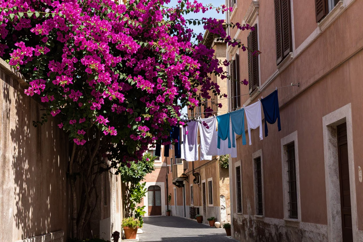 Hanging Laundry in Rome at Flat Noon Light in in Rome, Italy
