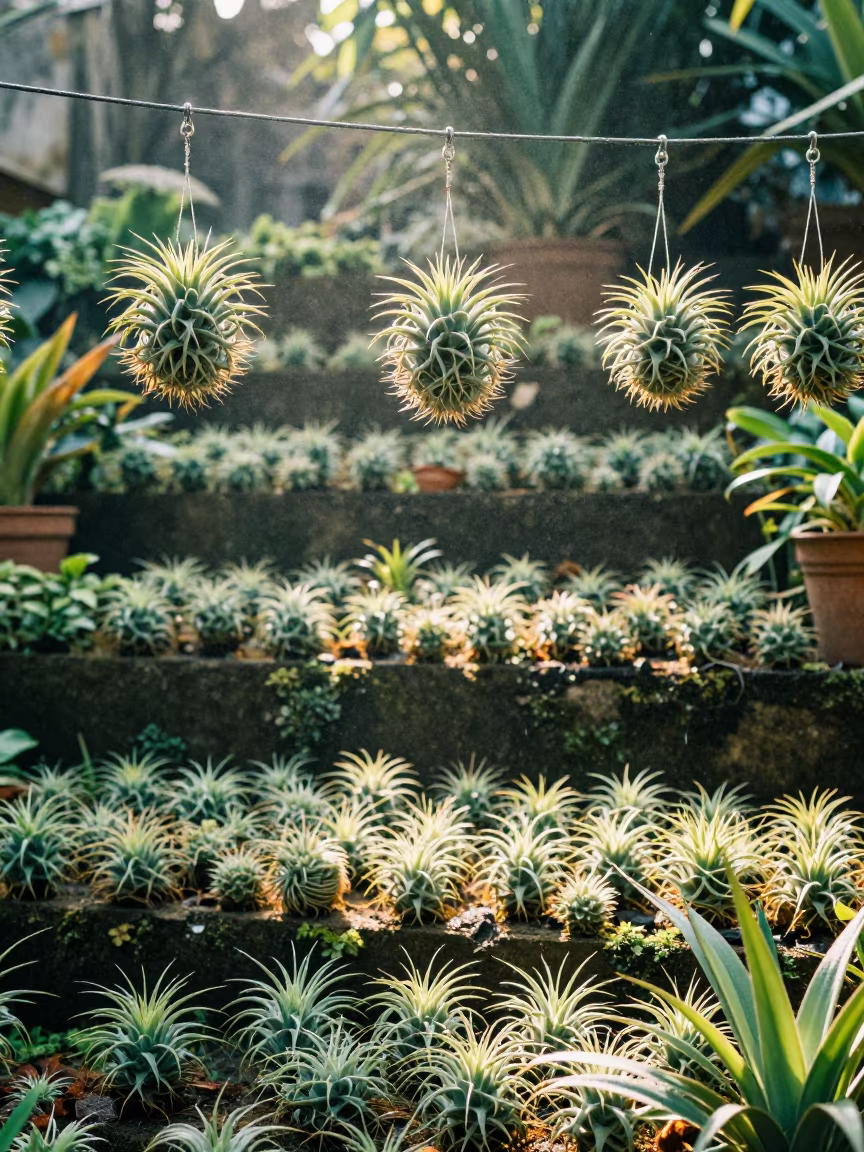 Hanging Tillandsia Ball in Owerri Terraced Garden in among terraced garden plots near Owerri