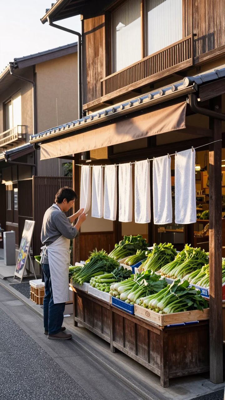 Hanging Towels just after sunrise in Kyoto in in Kyoto, Japan