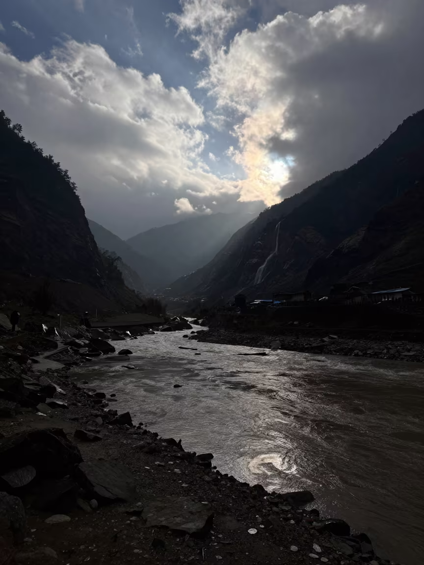 Hanging Valley Waterfall Rim Light Morning Shadow in across a floodplain after rain near Pokhara