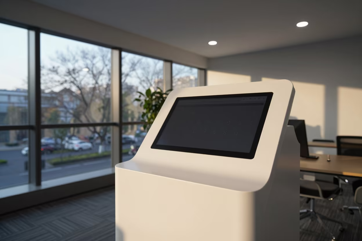 Hangzhou Kiosk Under Late Afternoon Light in inside a coworking floor in Hangzhou