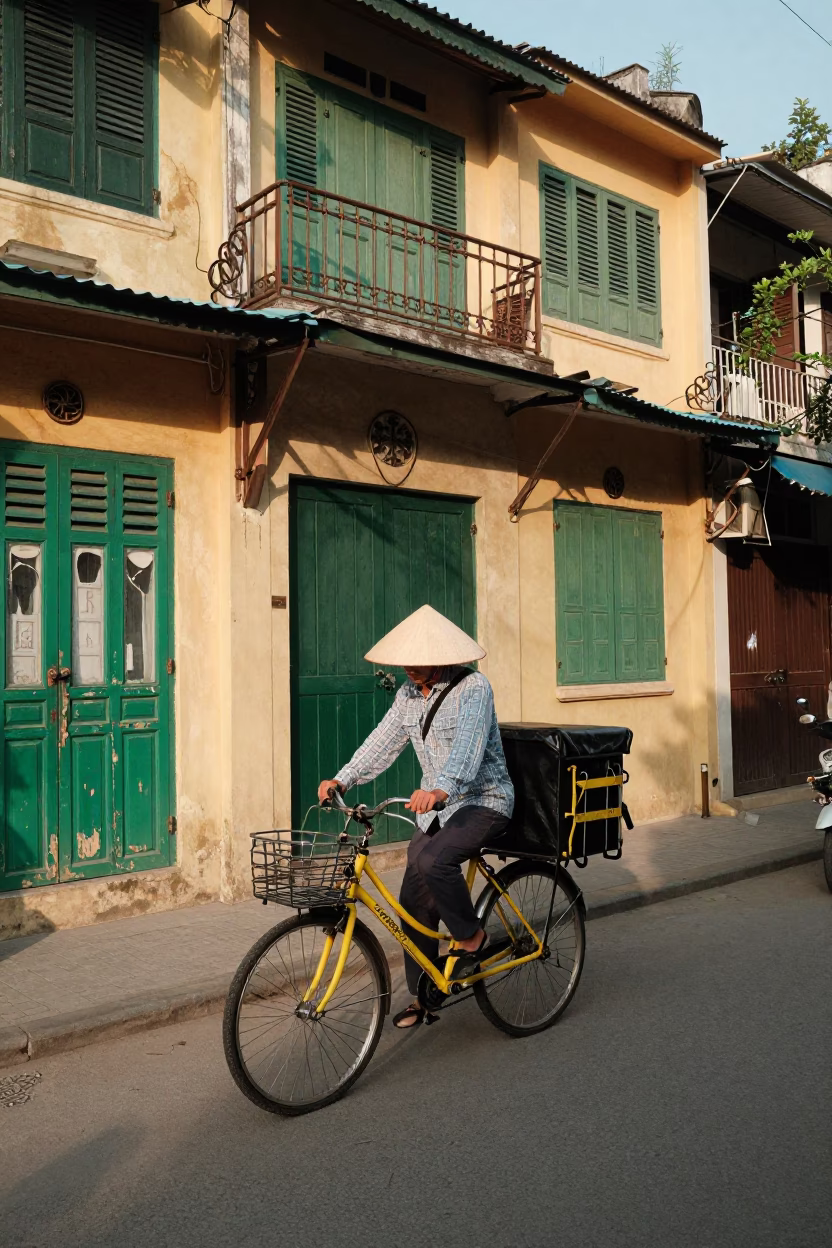 Hanoi Bicycle Delivery at Clear Late-afternoon Light in in Hanoi, Vietnam