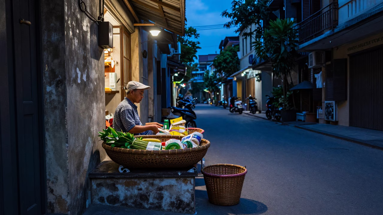 Hanoi Blue Hour Street Scene with Basket and Shopkeeper in in Hanoi, Vietnam