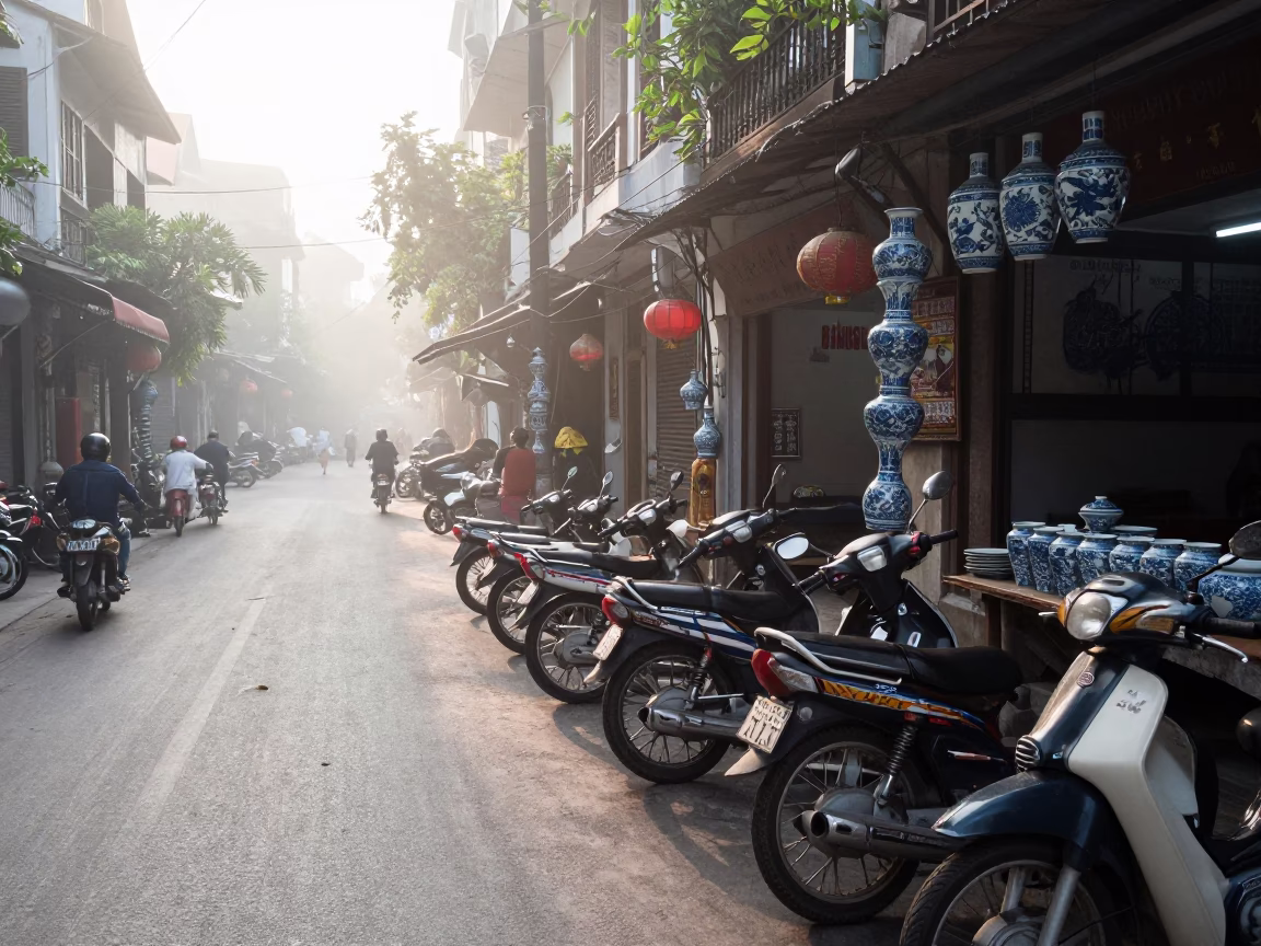 Hanoi Blue Porcelain at Dawn Light in in Hanoi, Vietnam