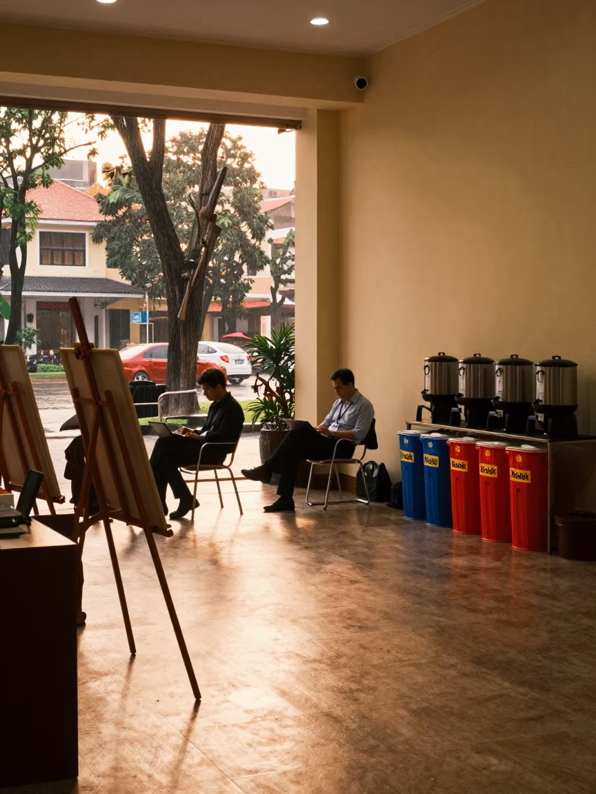 Hanoi Conference Foyer at Sunset with Easels in inside a conference room in Hoan Kiem, Hanoi