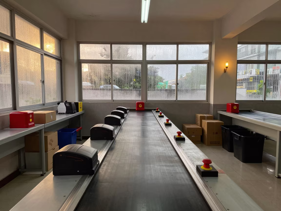 Hanoi Dispatch Belt with Honey Light and Red Stops in inside a dispatch office above the dock in Hanoi