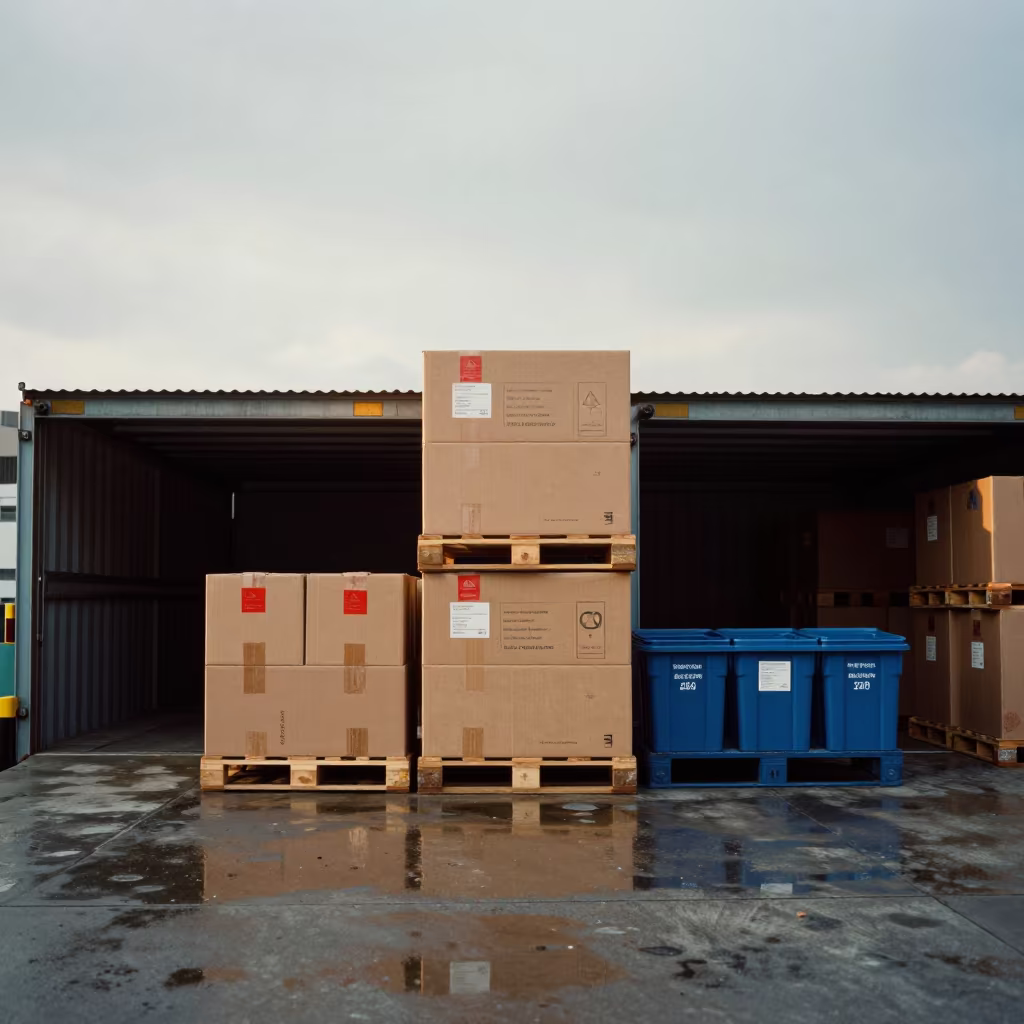 Hanoi Dispatch Pallet With Red Hold Tags in inside a dispatch office above the dock in Hanoi