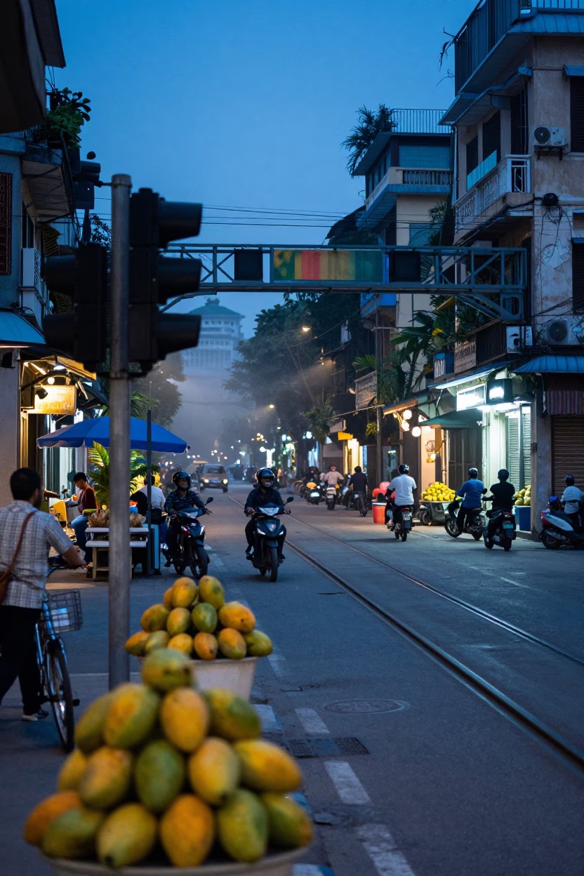 Hanoi Evening Street Scene with Mangoes and Signal Gantry in Mist in in Hanoi, Vietnam