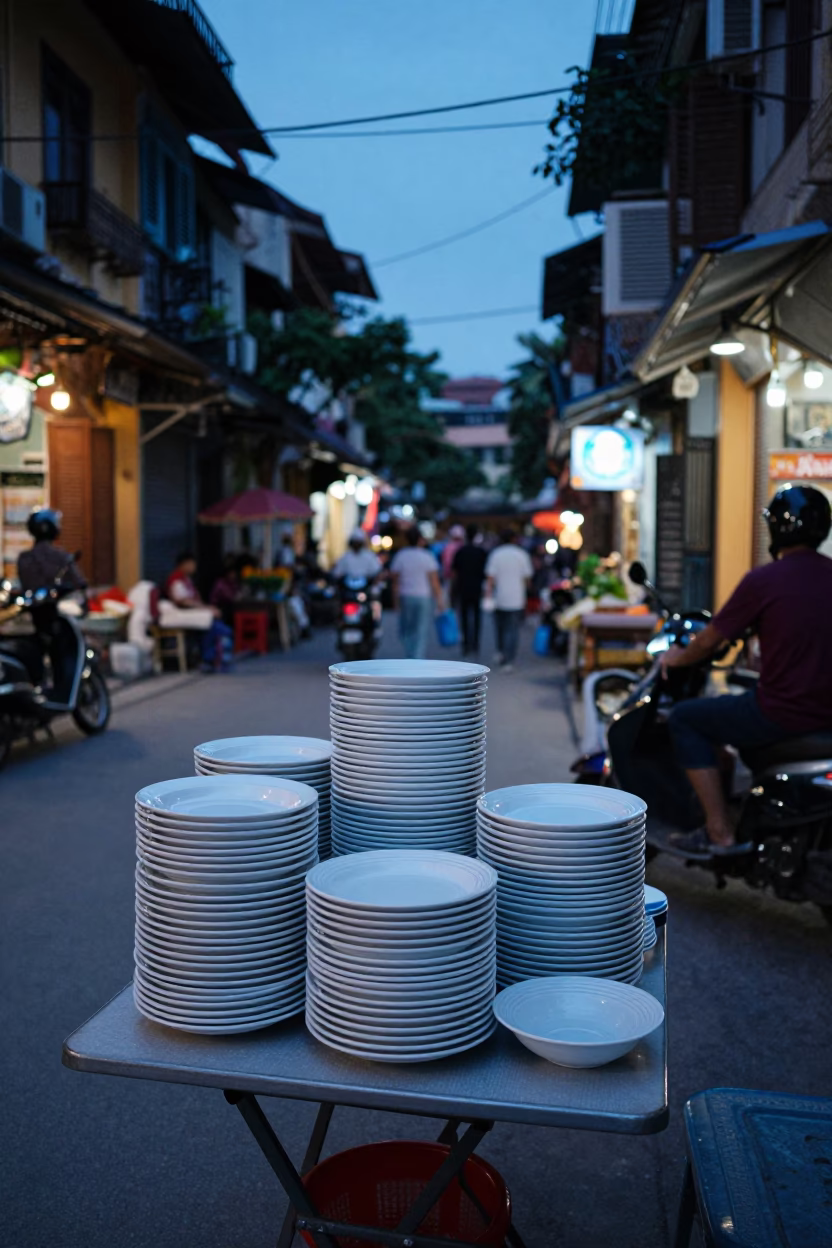 Hanoi Evening Street Scene with Stacked Plates and Tea Canister in in Hanoi, Vietnam