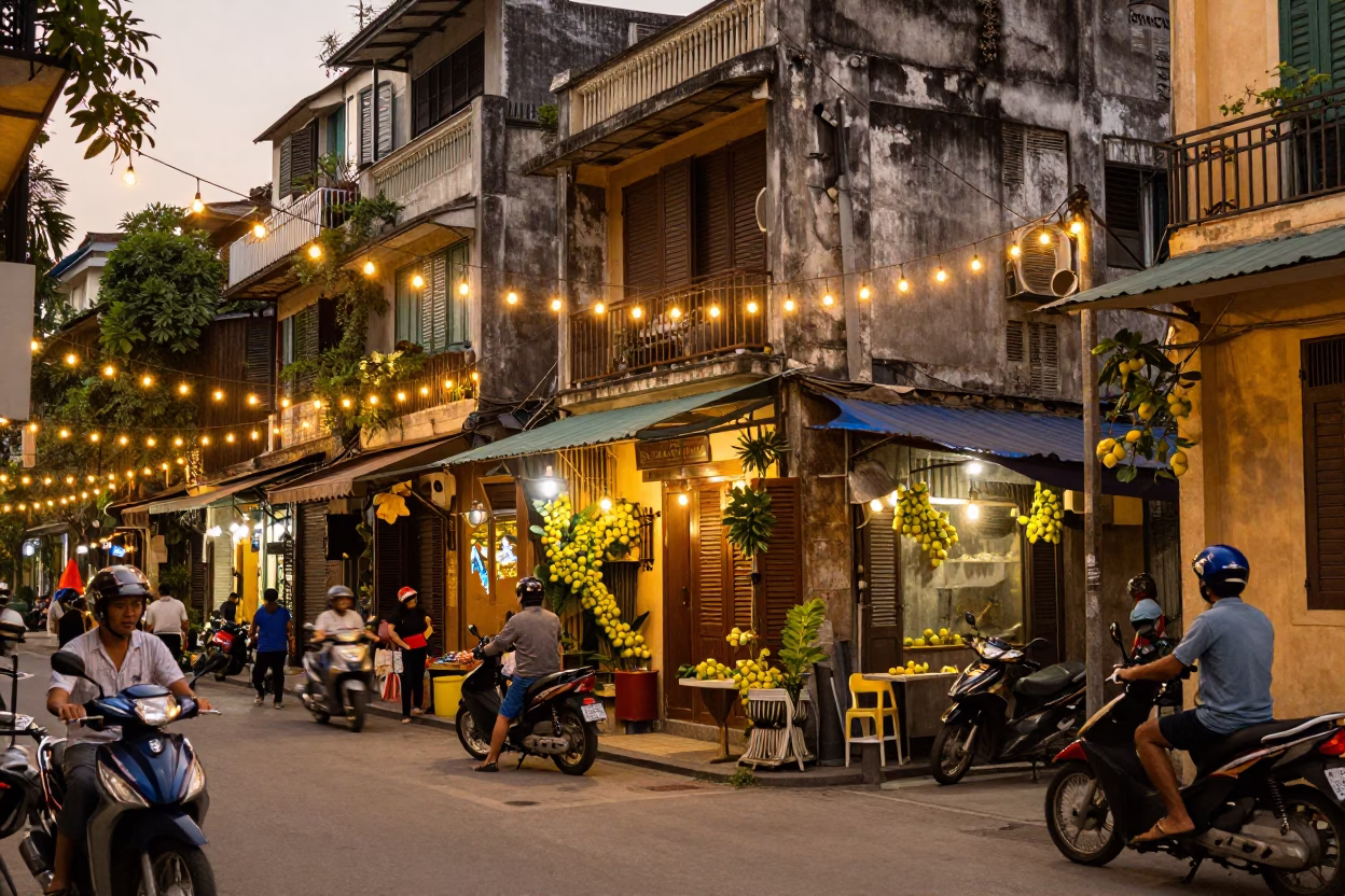 Hanoi Evening Street Scene with String Lights and Lemon Stalls in Golden Hour in in Hanoi, Vietnam