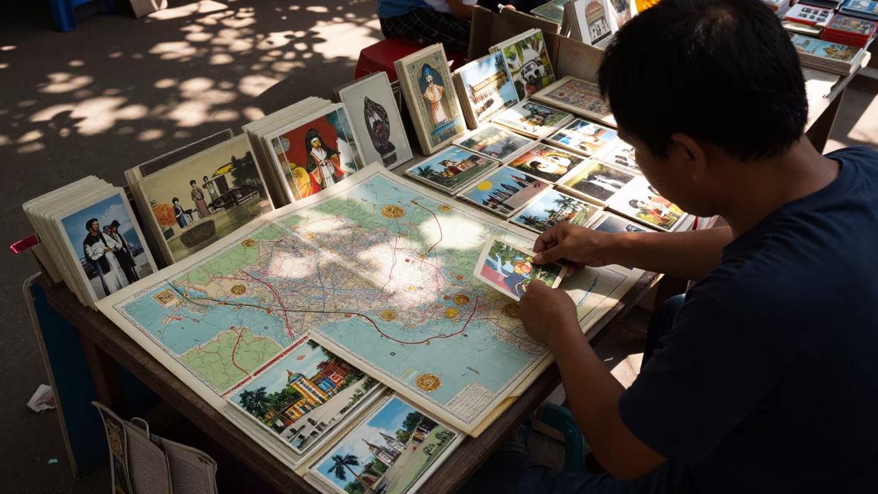 Hanoi Flea Market Map Seller Under Canopy in under a market canopy in Hoan Kiem, Hanoi