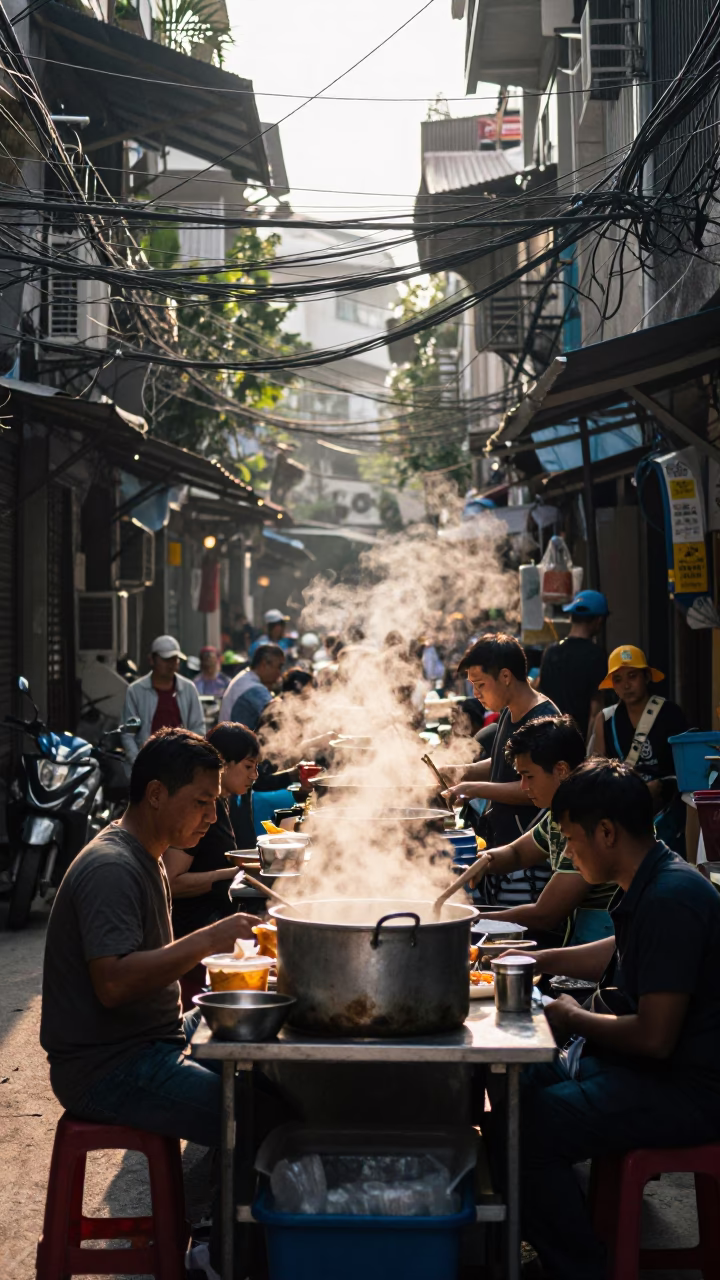 Hanoi Food Stall at As First Light Reaches The Scene in in Hanoi, Vietnam