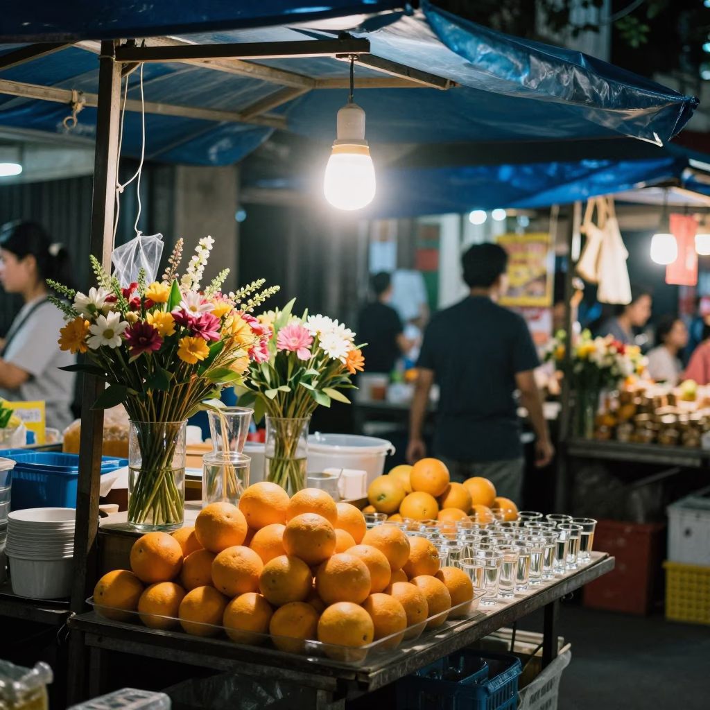 Hanoi Market Stall at Deep In The Night Light in in Hanoi, Vietnam