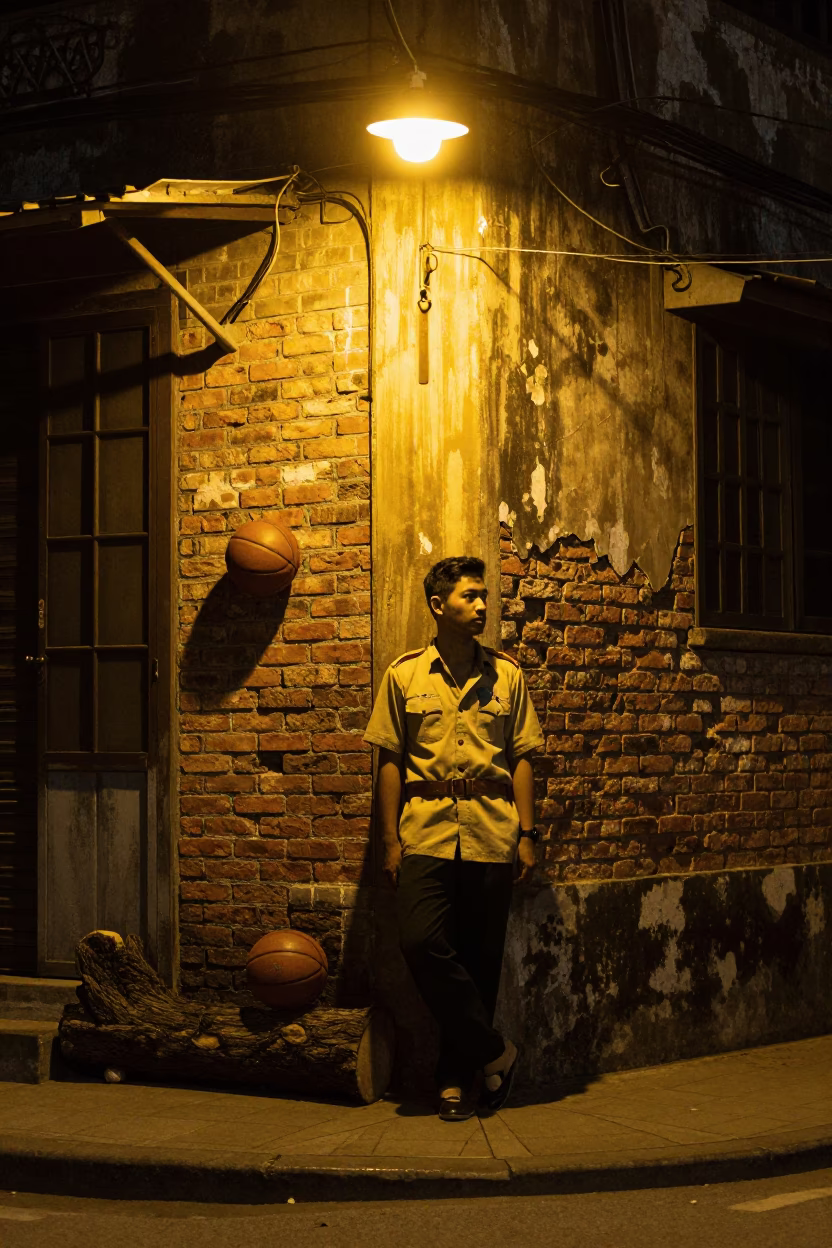Hanoi Night Street Scene with Leather Basketball and Log Holder in 1970s Vietnam in in Hanoi, Vietnam