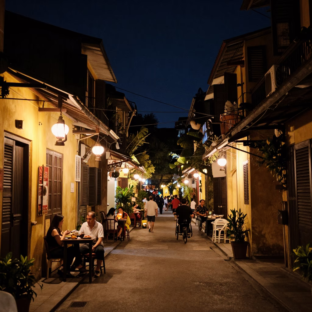 Hanoi Night Street Scene with Oil Lamps and Old Quarter Architecture in in Hanoi, Vietnam