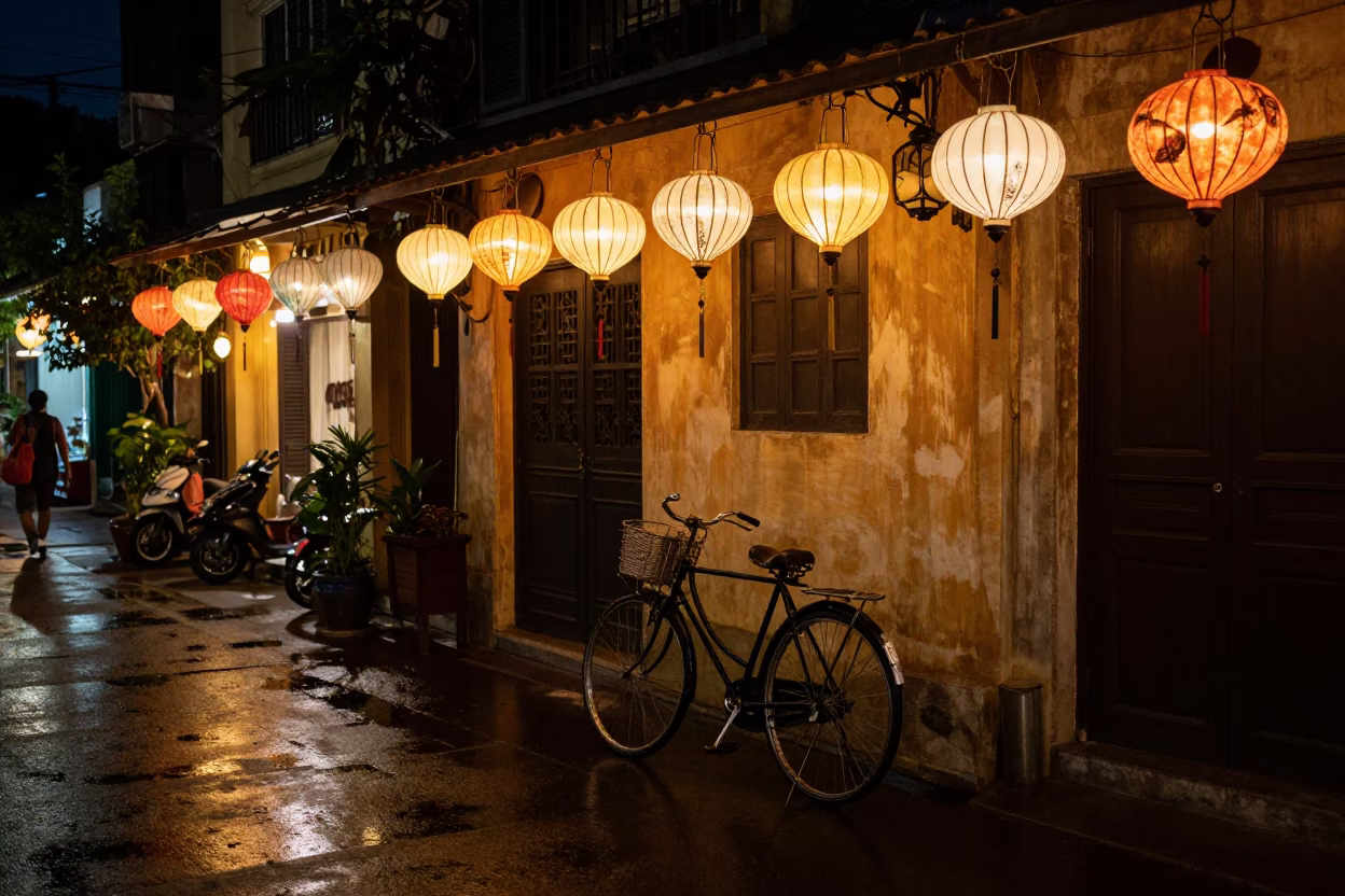 Hanoi Night Street Scene with Vintage Bicycle and Lanterns in Vietnam in in Hanoi, Vietnam