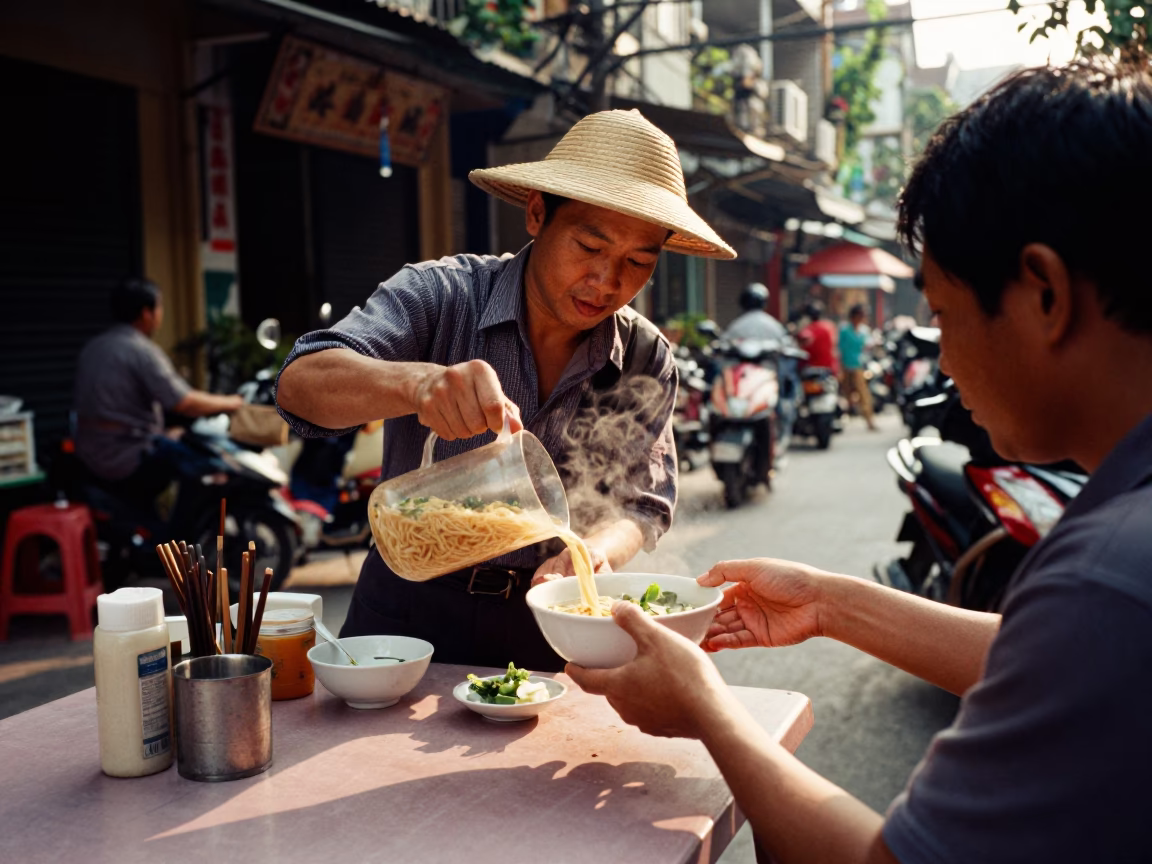 Hanoi Noodles at Clear Late-afternoon Light in in Hanoi, Vietnam