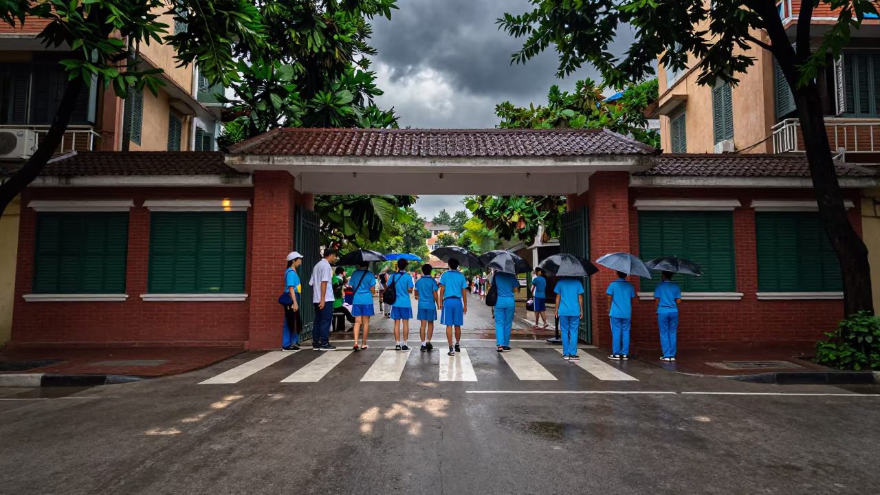 Hanoi Oath Ceremony Dappled Light Sky in at a crosswalk by a school gate in Hanoi