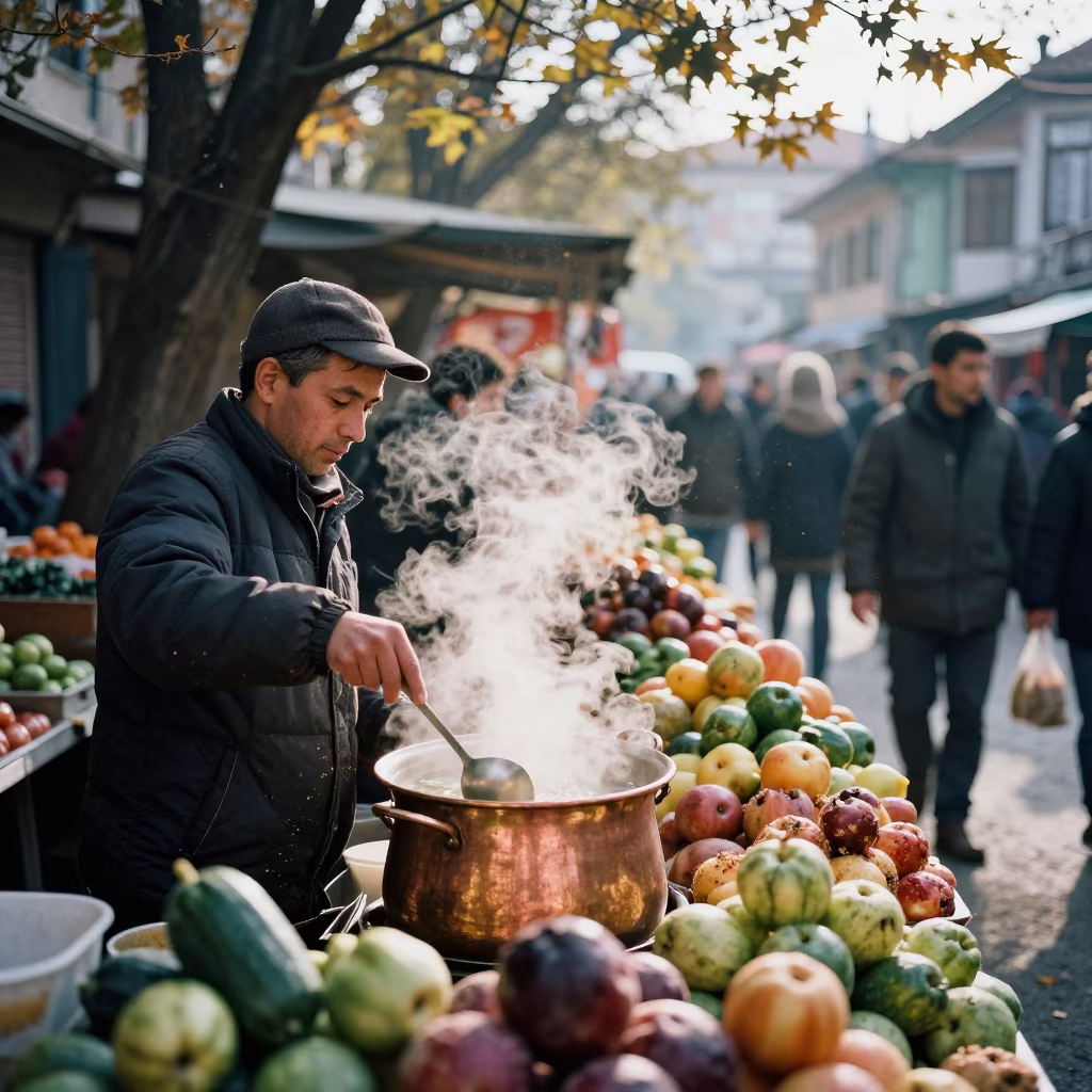 Hanoi Pho Vendor Ladling Broth at Fruit Stand in at a roadside fruit stand in Veliko Tarnovo
