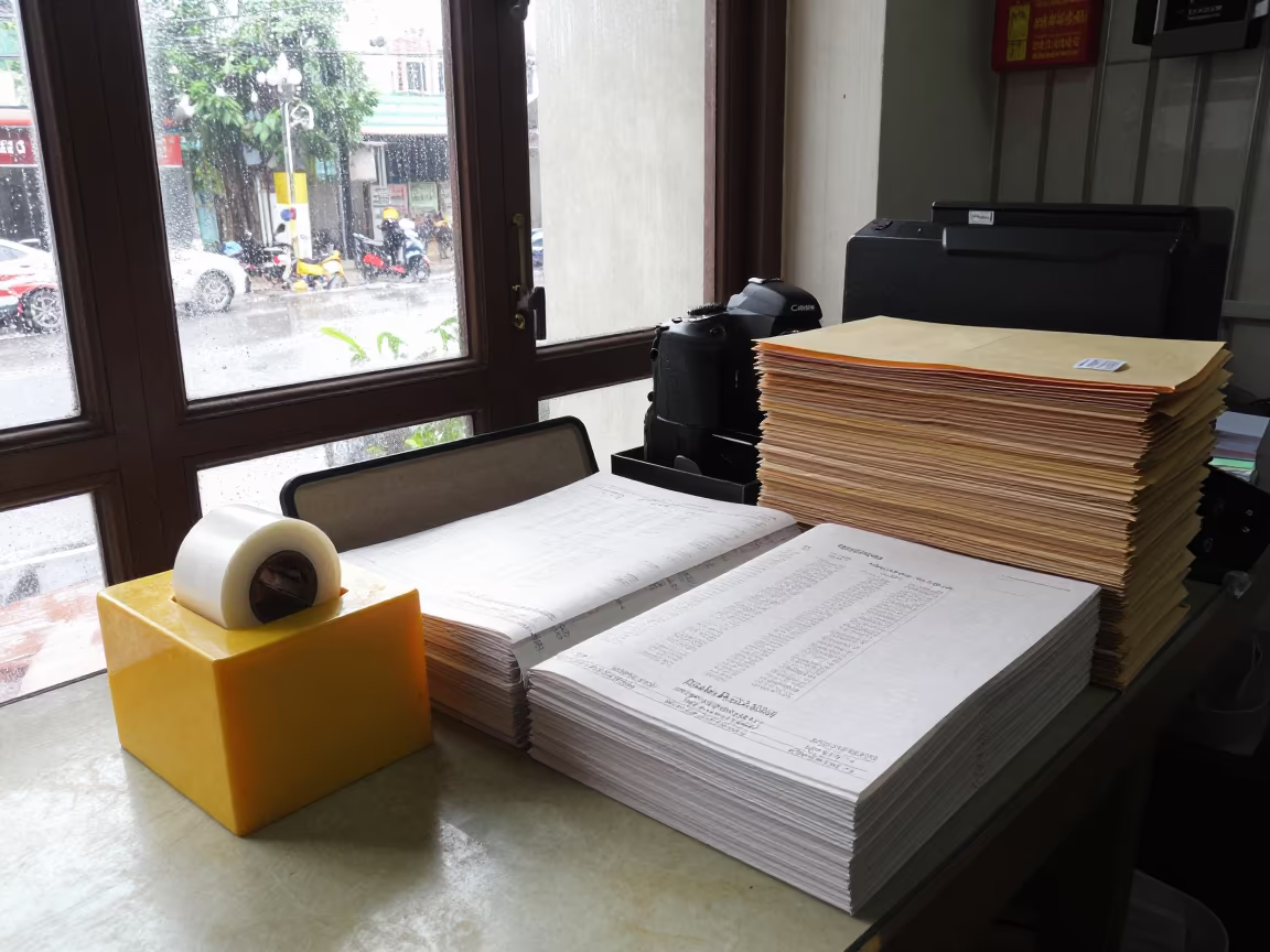 Hanoi Retail Counter Receipt Bin Wet Season Light in at a cash wrap counter with bags stacked nearby in Hanoi