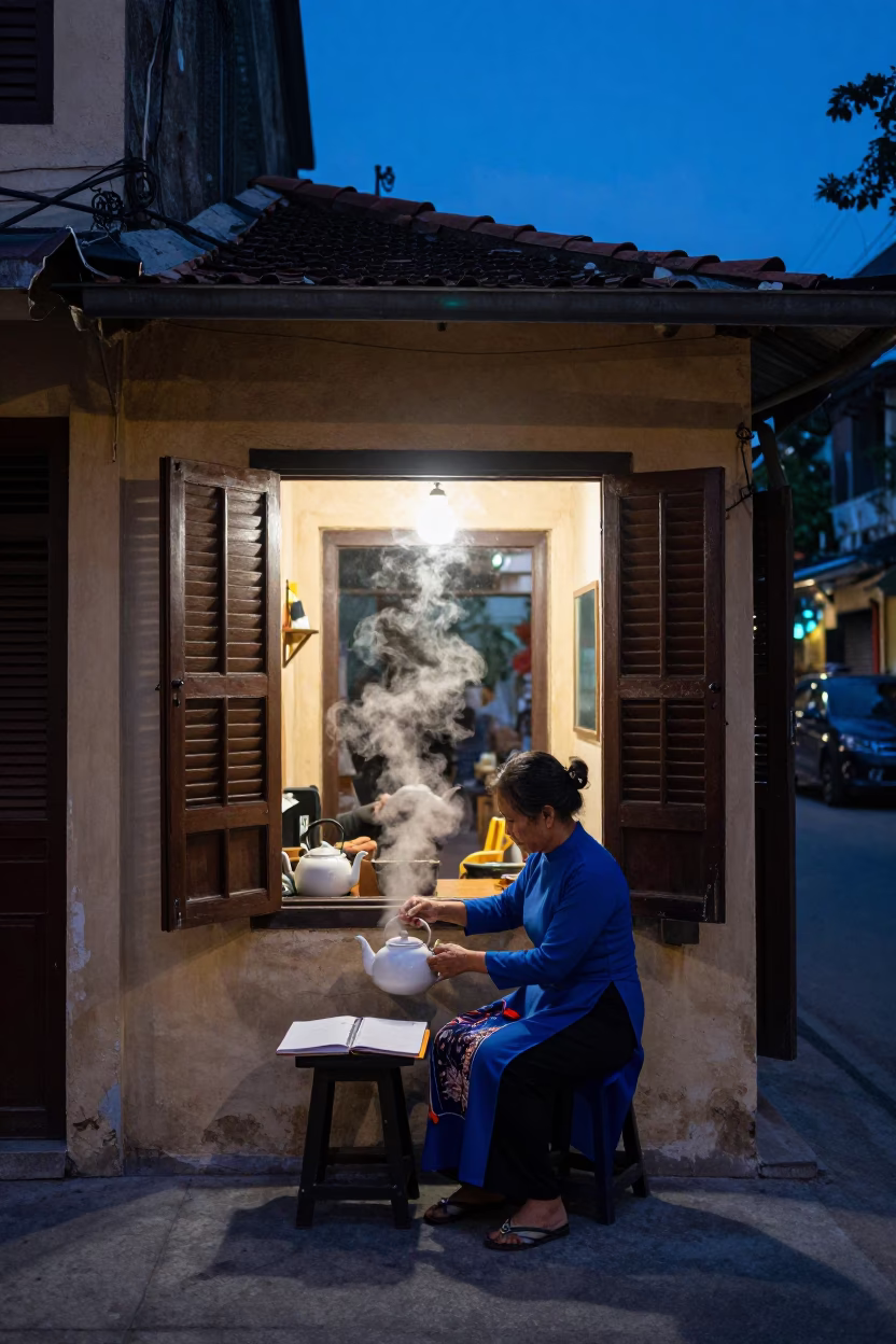 Hanoi Street Cafe Window at Blue Hour with Tea Kettle and Notebook in in Hanoi, Vietnam
