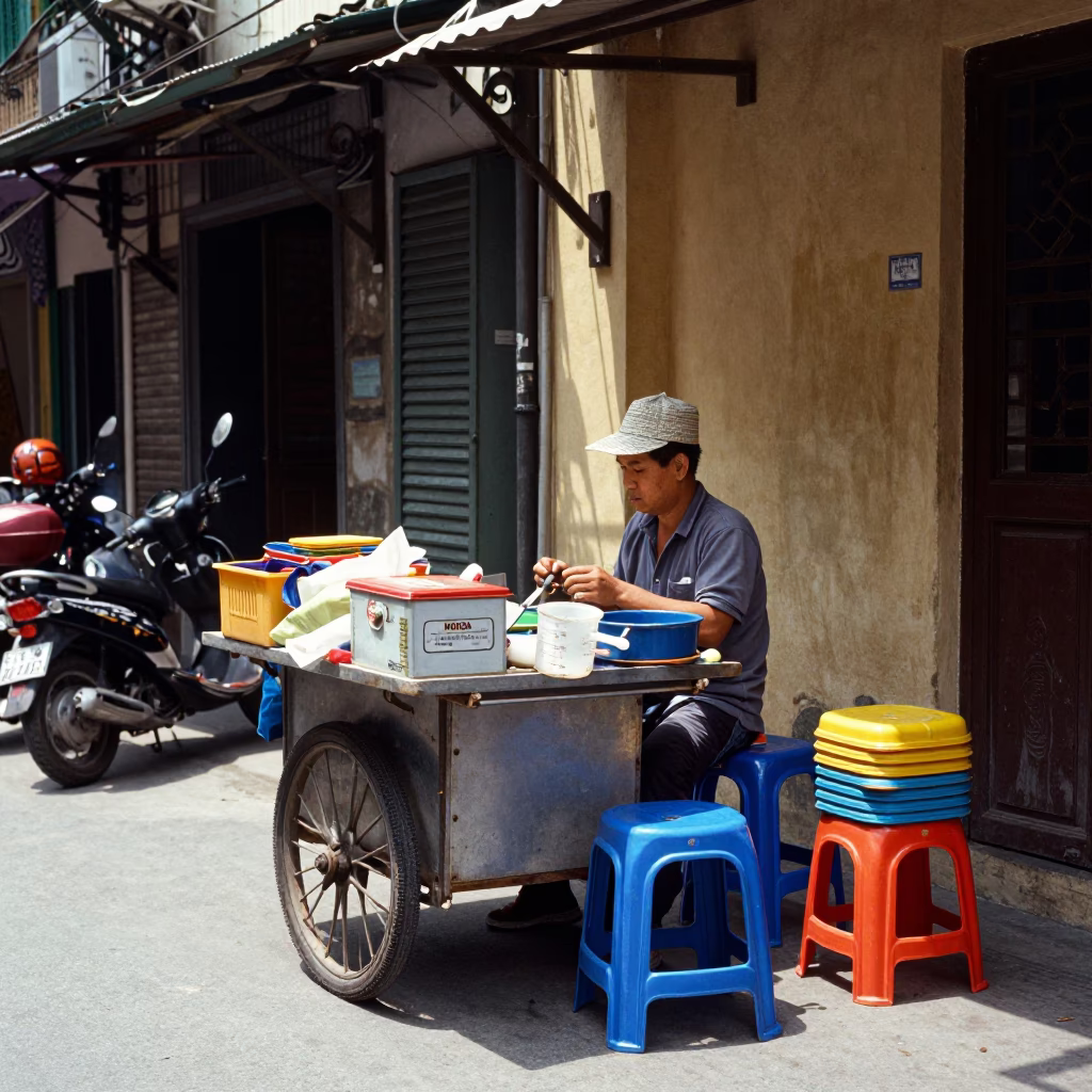 Hanoi Street Corner at Flat Noon Light in in Hanoi, Vietnam