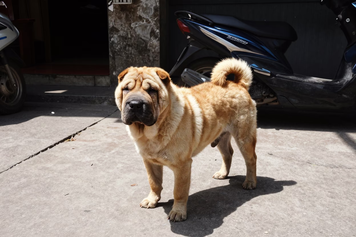 Hanoi Street Corner Noon Light with Chinese Shar-Pei and Gardenia Bush in in Hanoi, Vietnam