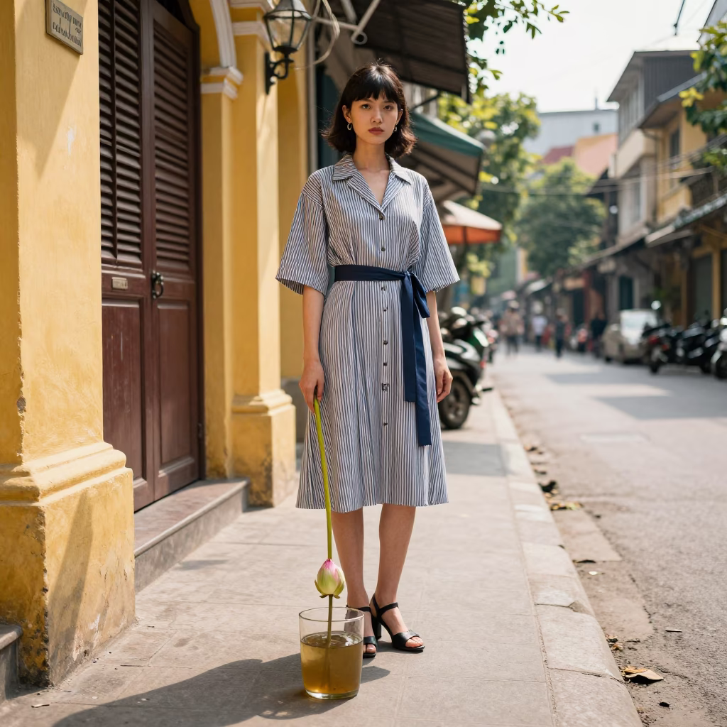 Hanoi Street Fashion Portrait with Lotus Bud and Striped Towel Detail in in Hanoi, Vietnam