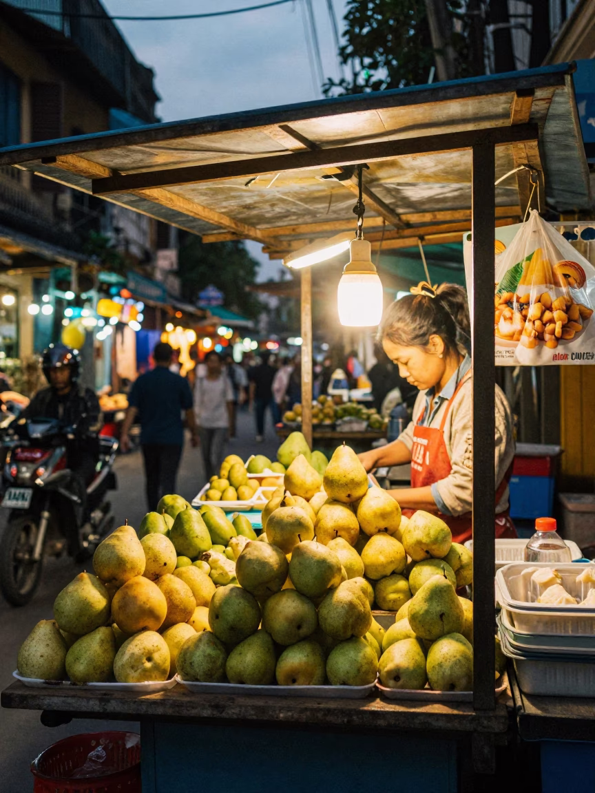 Hanoi Street Food Stall at Dusk with Fruit and Spice Tins in in Hanoi, Vietnam
