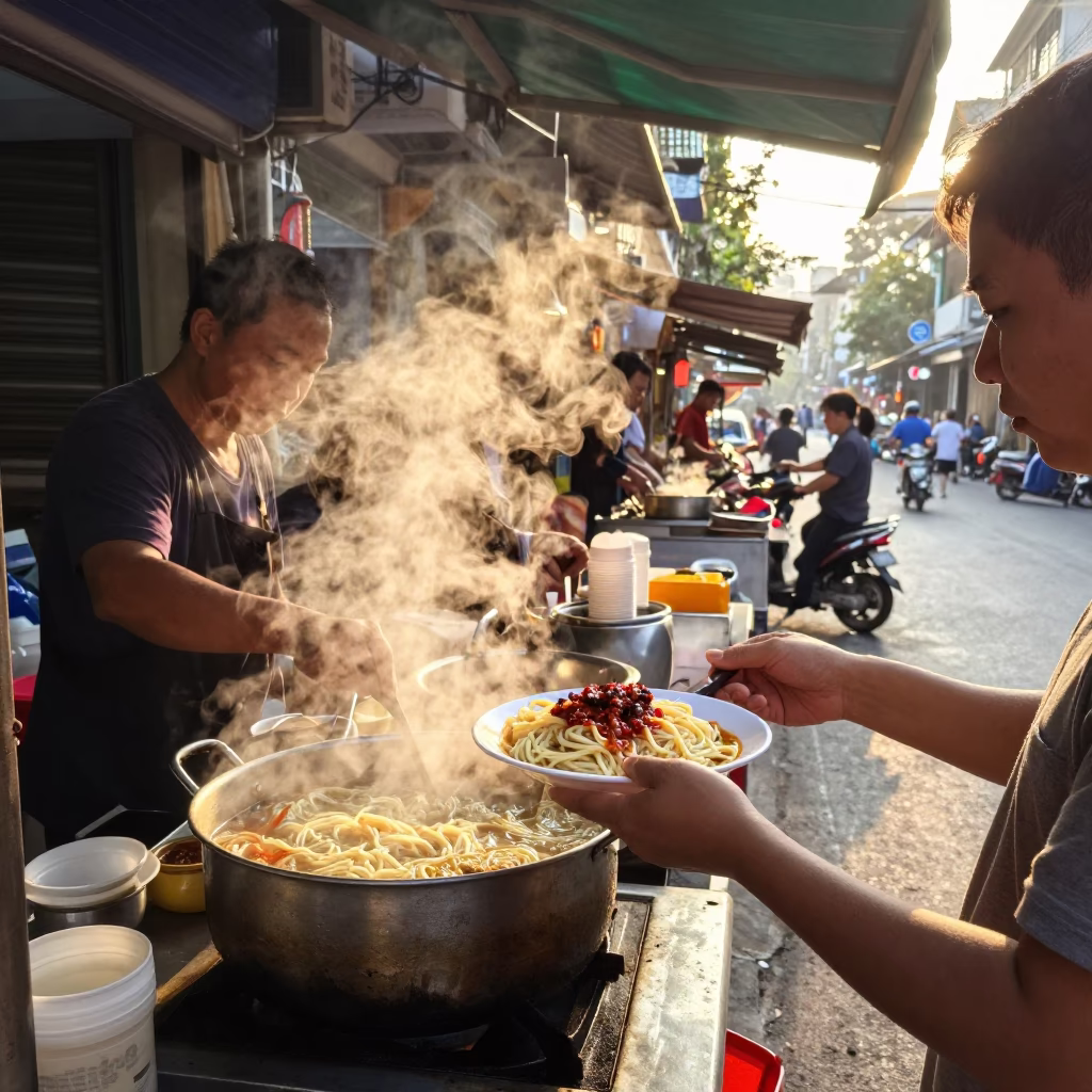 Hanoi Street Food Stall at Sunrise with Bibim Guksu and Local Interaction in in Hanoi, Vietnam