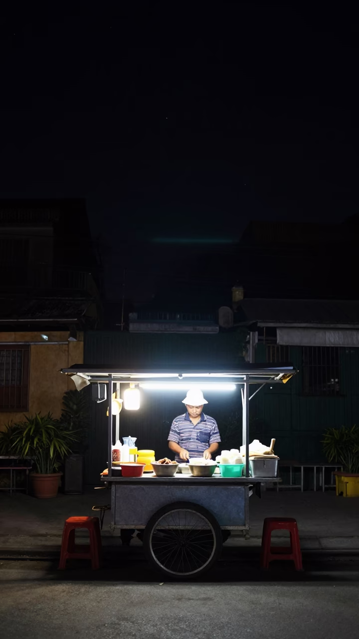 Hanoi street food stall under deep night sky with steam and oranges in in Hanoi, Vietnam
