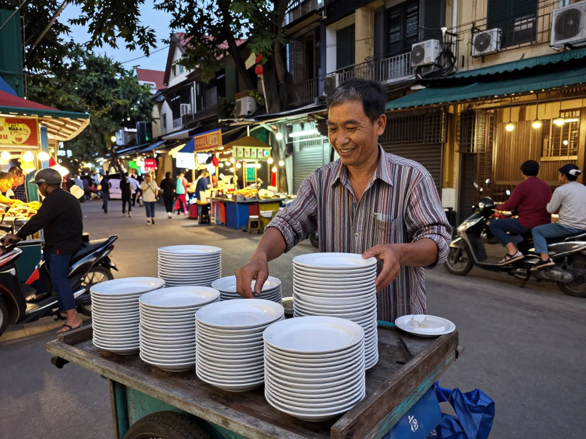Hanoi street food vendor at dusk with stacked plates and nickel latch in in Hanoi, Vietnam