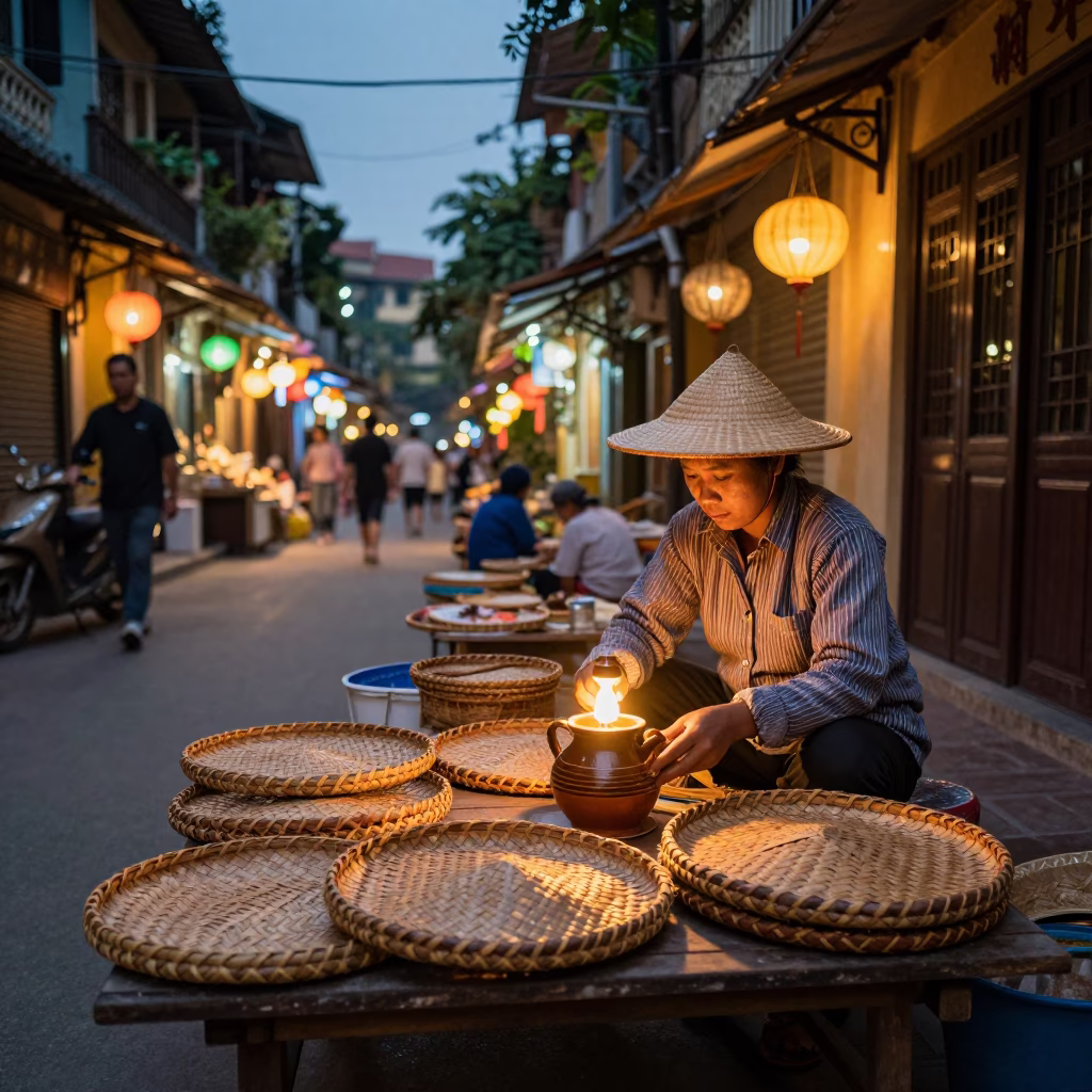 Hanoi Street Food Vendor at Dusk with Woven Mats and Ceramic Pitcher in Vietnam in in Hanoi, Vietnam