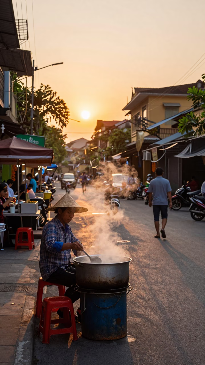 Hanoi Street Food Vendor Serving Pho at Sunset with Motorbikes and Steam in in Hanoi, Vietnam
