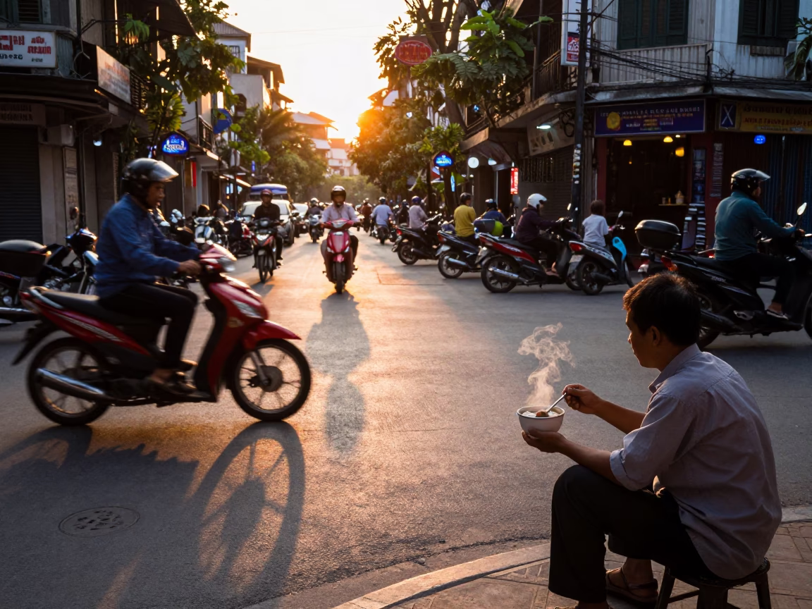 Hanoi Street Life at Sunset Light in in Hanoi, Vietnam