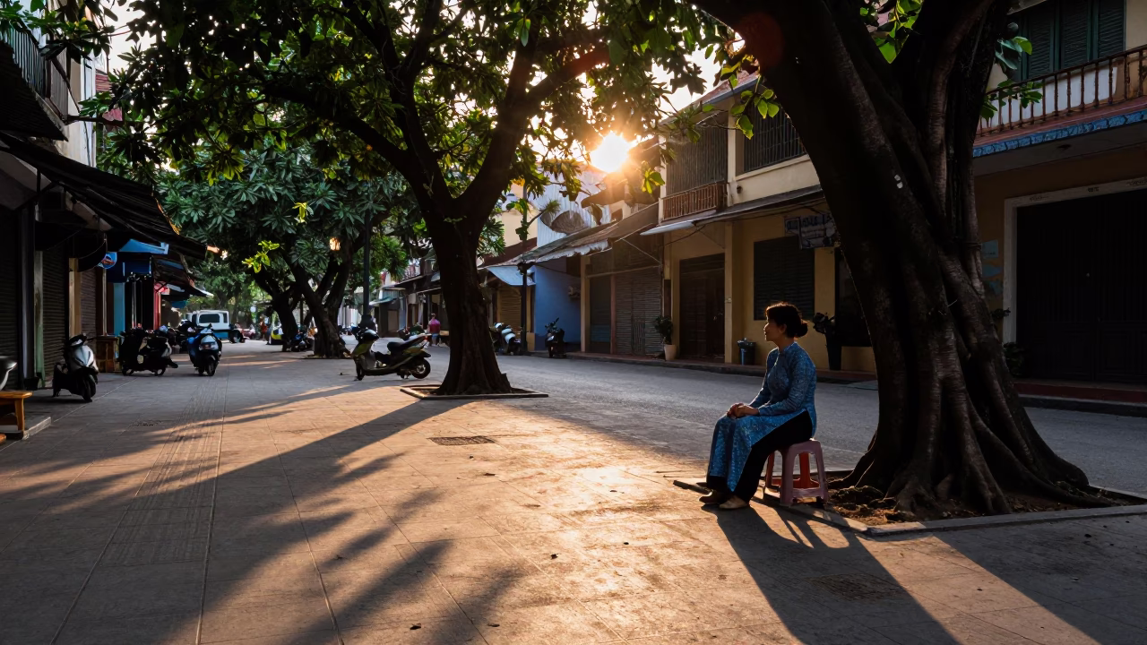 Hanoi Street Scene at As The Sun Drops Toward The Horizon in in Hanoi, Vietnam