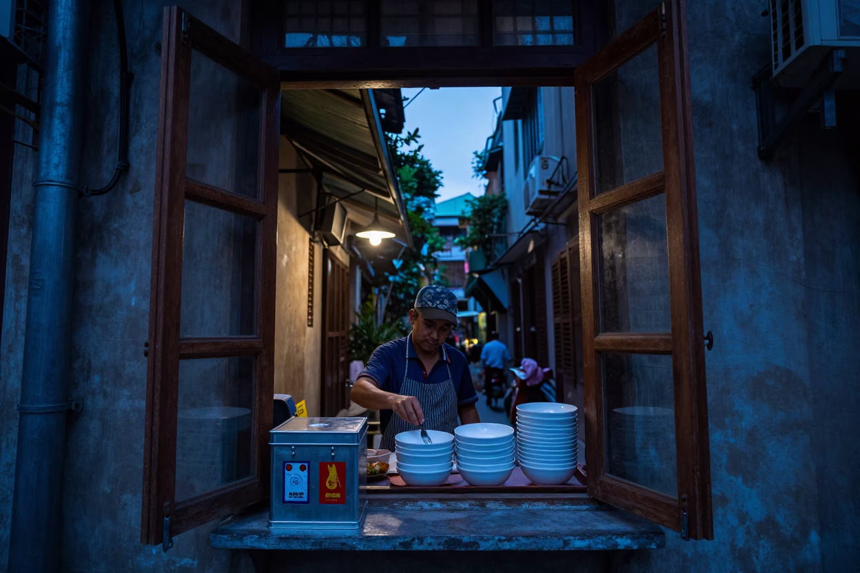 Hanoi Street Scene at Indigo Twilight with Open Window and Tiffin Tin in in Hanoi, Vietnam