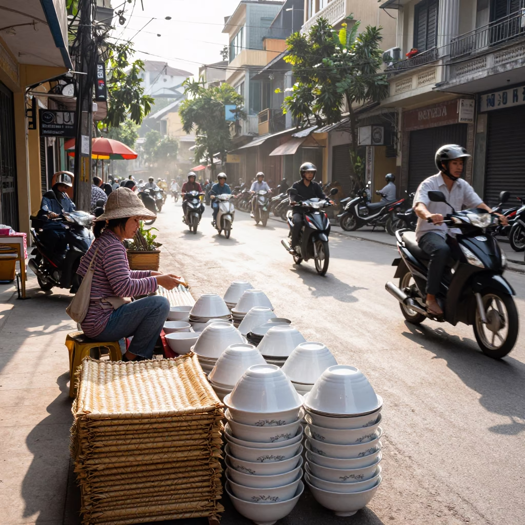 Hanoi Street Scene at Late Morning Light in in Hanoi, Vietnam